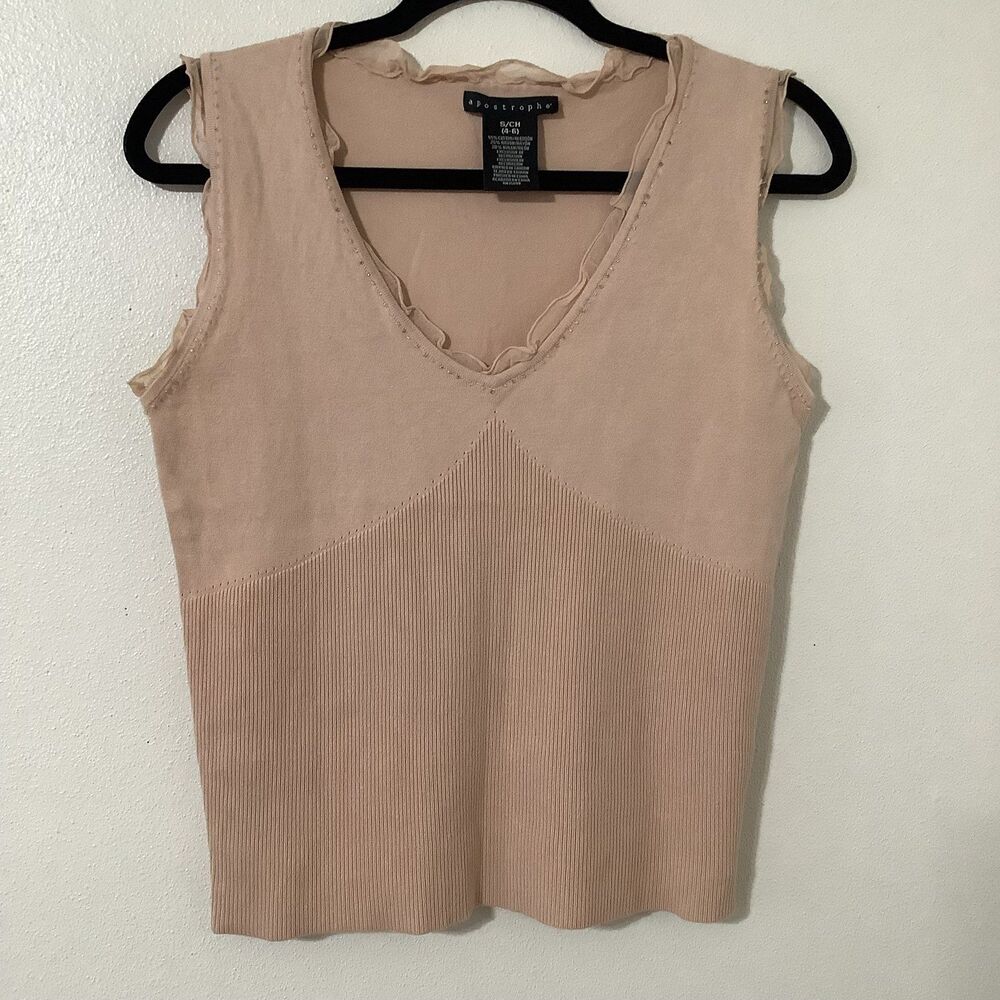 Vintage Y2K Tan Ribbed Knit Ruffle Beaded Fairy Feminine Boho Sleeveless Top S‎